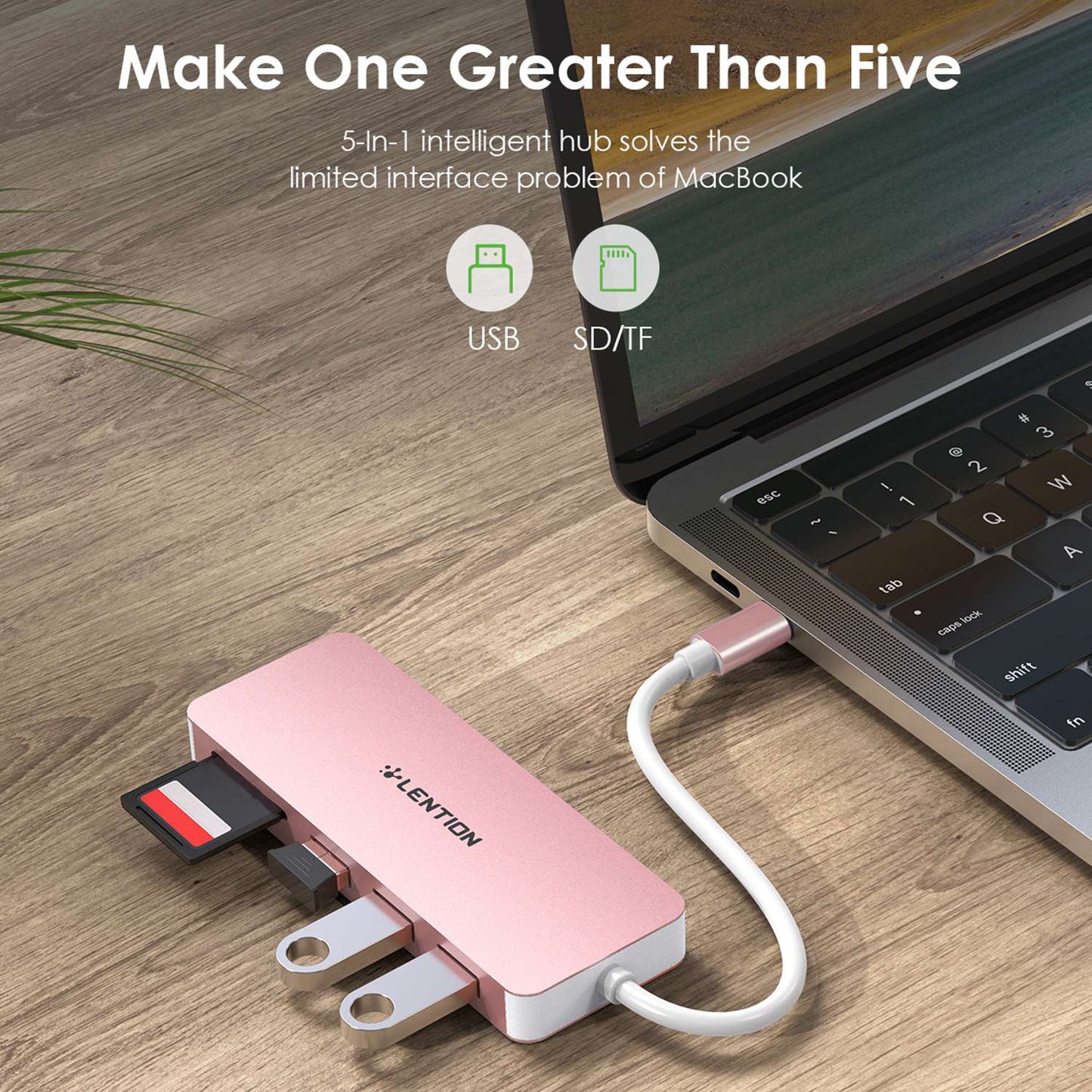 Uniqkart C15 USB-C Hub 3 USB-A 3.0 Ports Adapter SD / TF Card Reader Aluminum Alloy Converter - Rose Gold