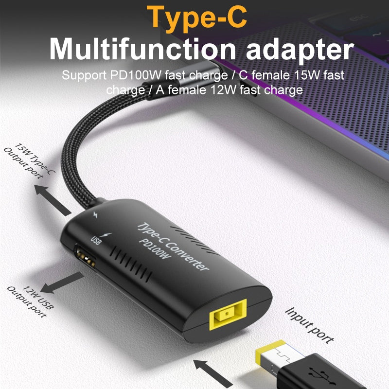 Laptop Power Adapter Converter Square Port + Type-C + USB to Type-C Driver Free Multi-function Adapter