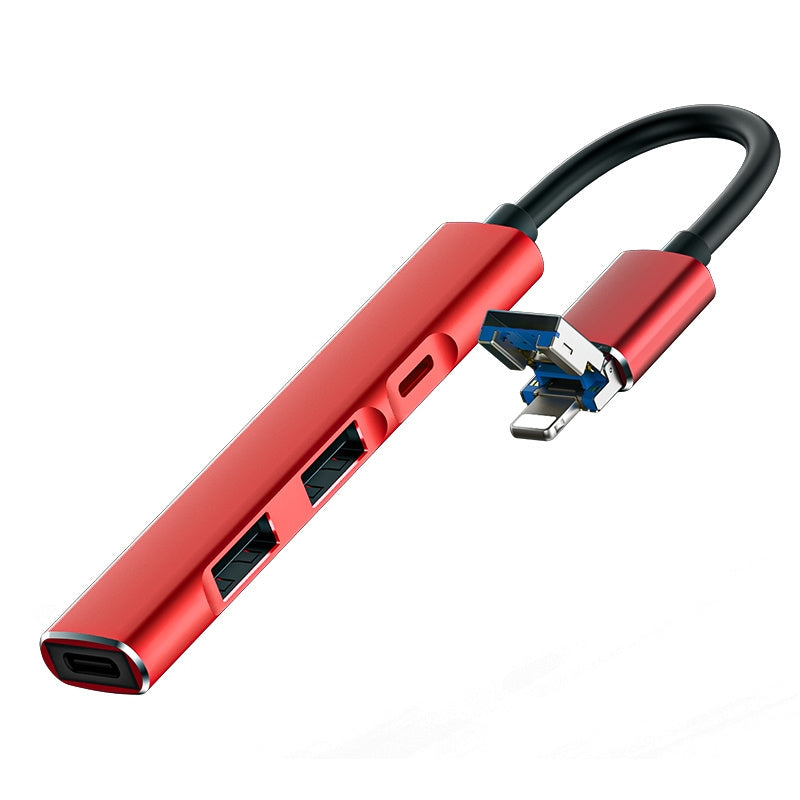 4 in 1 Hub 8 Pin / USB to Type-C / 2 USB / Lightning Multifunctional Docking Station - Red