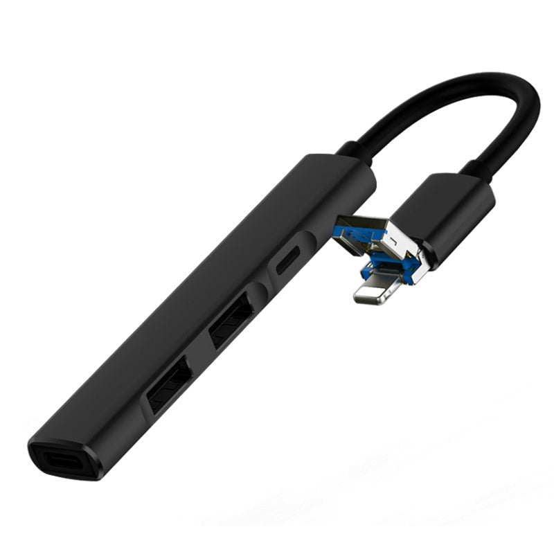 4 in 1 Hub 8 Pin / USB to Type-C / 2 USB / Lightning Multifunctional Docking Station - Black