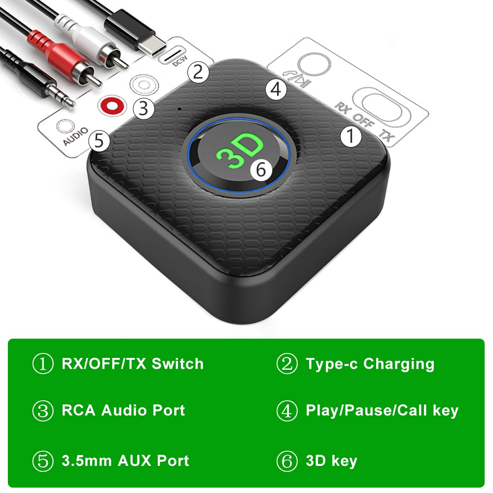 B8 2-in-1 Bluetooth 5.1 Receiver Transmitter RCA 3.5mm AUX Audio 3D Sound Adapter for Car TV Speaker
