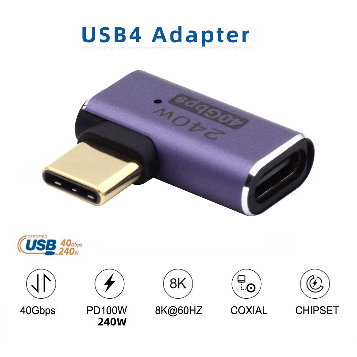40Gbps Transmission 240W Type-C Female to Male Mini Adapter Elbow Converter with Indicator