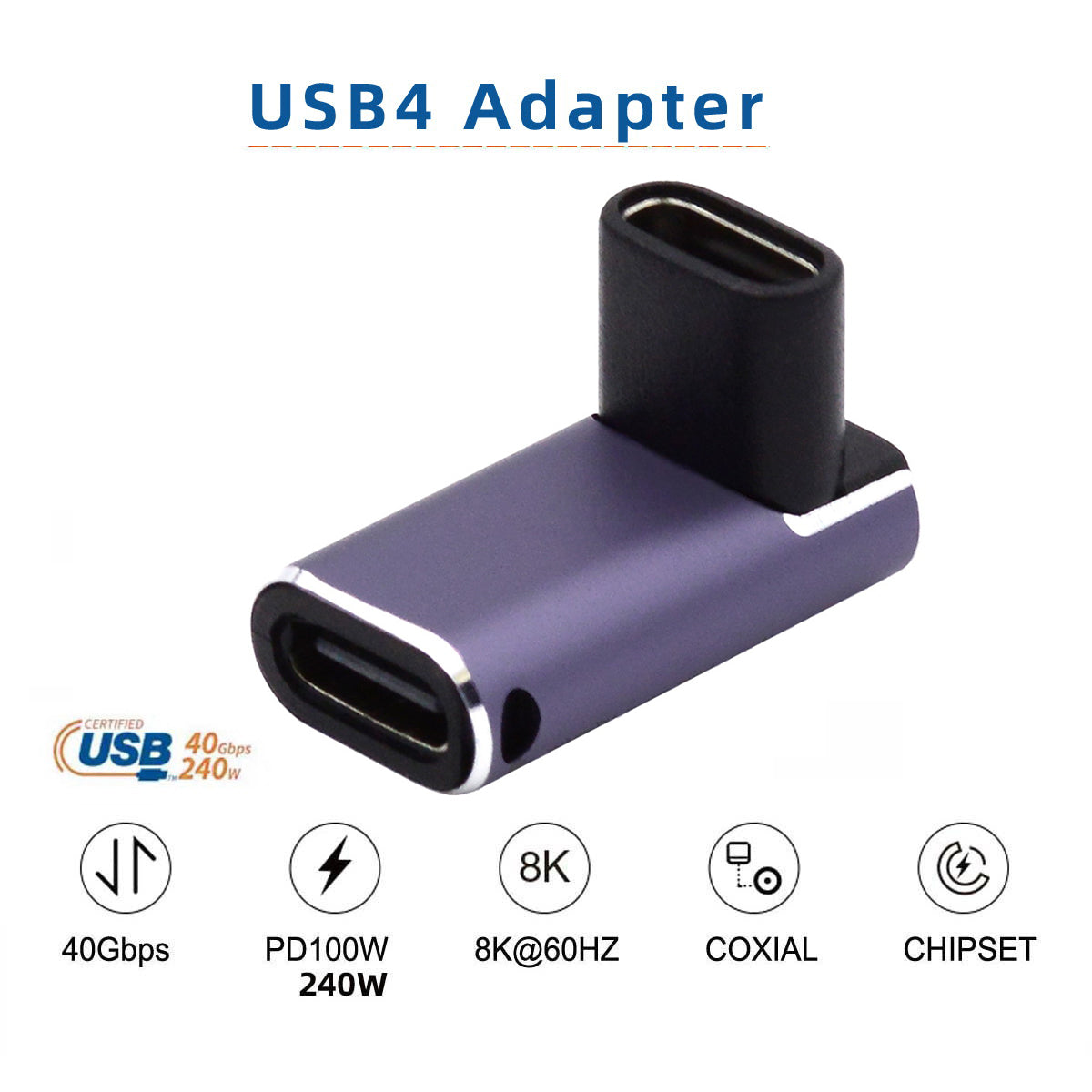 240W Type-C Female to Female Converter 40Gbps Angled Mini Adapter Support 8K Audio Transmission