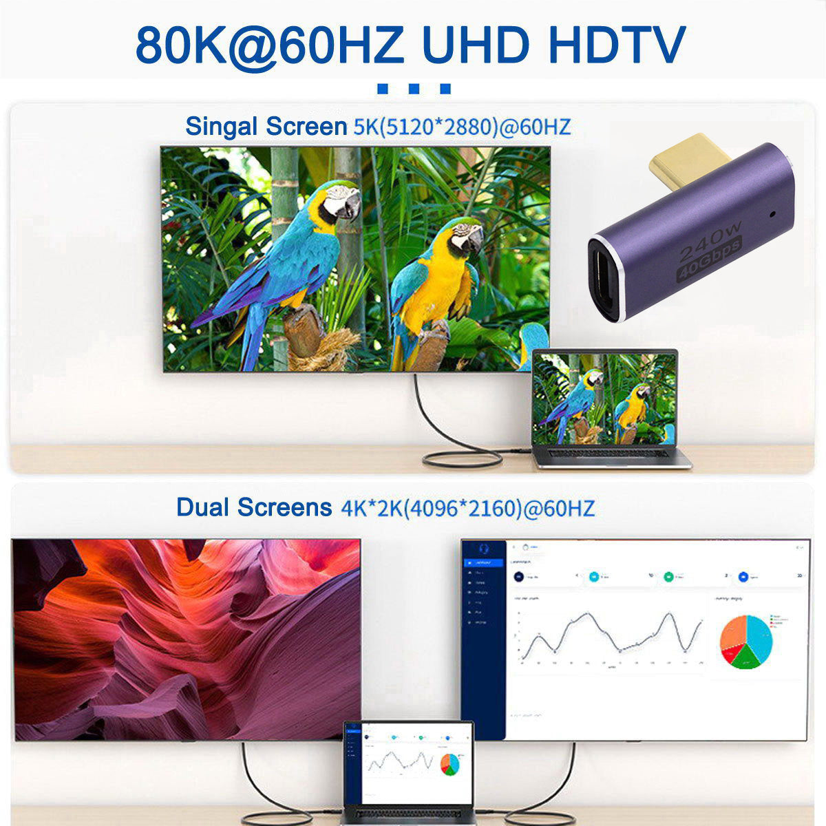 240W Type-C Female to Male Angled Mini Adapter 40Gbps Converter Support 8K Audio Transmission