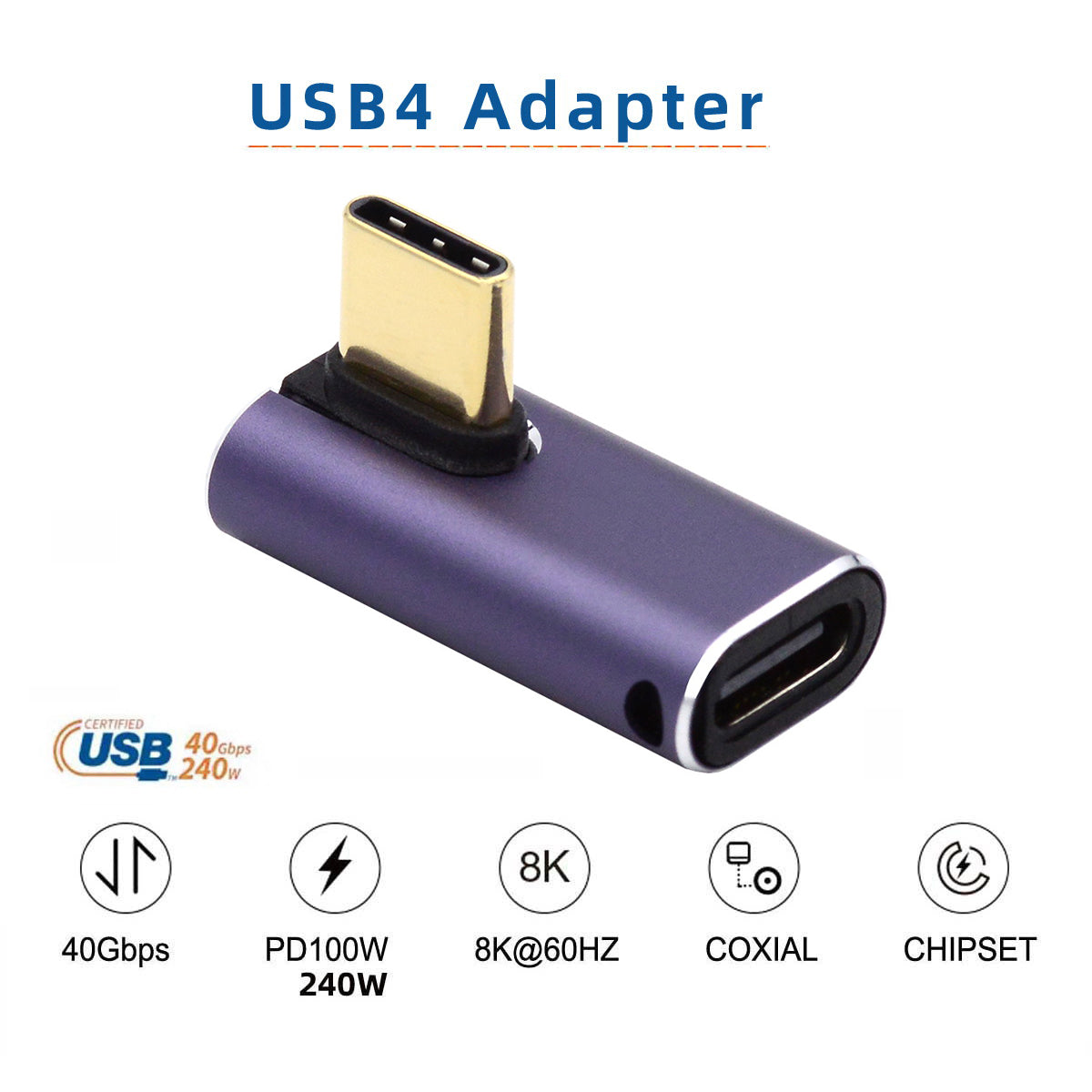 240W Type-C Female to Male Angled Mini Adapter 40Gbps Converter Support 8K Audio Transmission