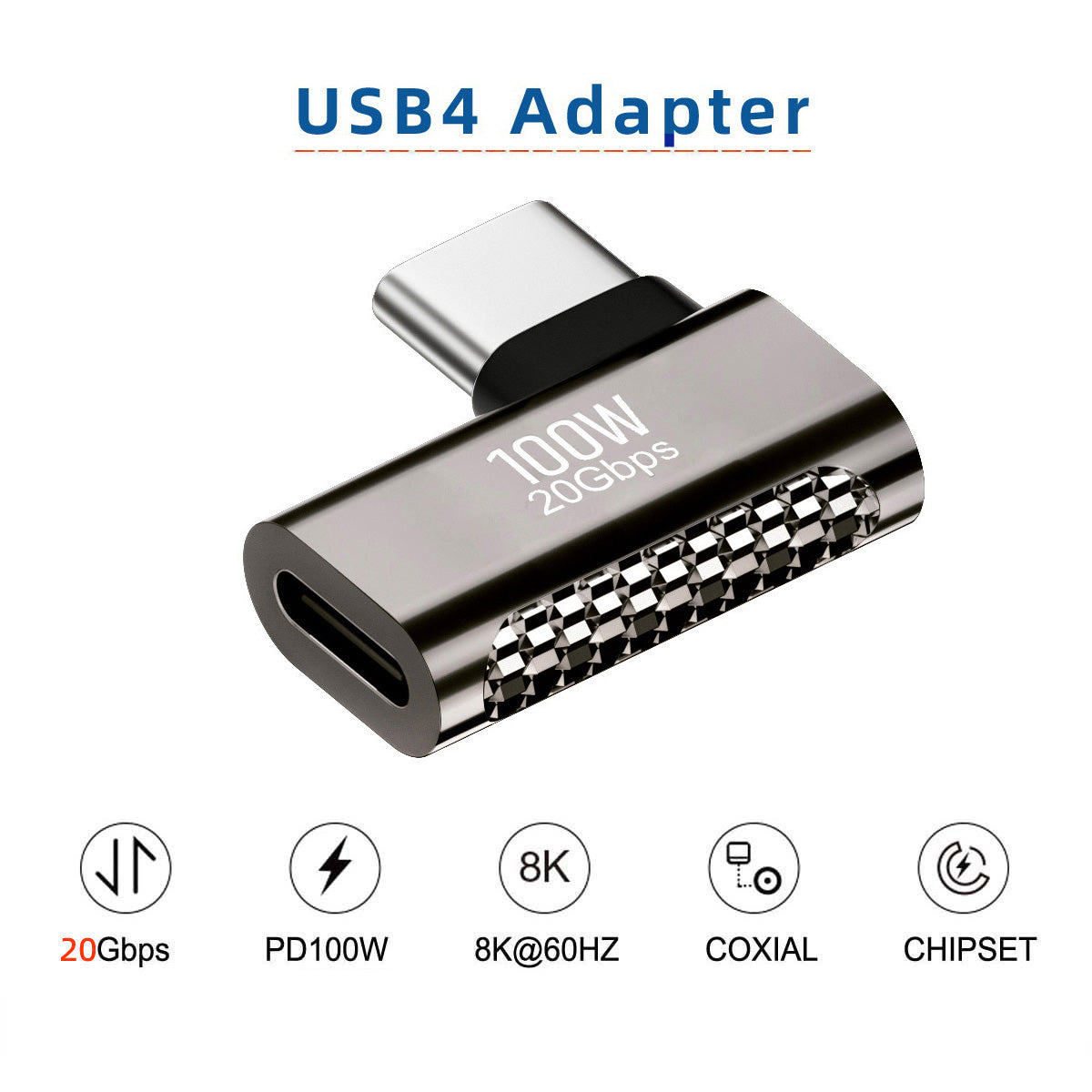 100W Type-C Male to Female Zinc Alloy Elbow Adapter 20Gbps Transmission Converter