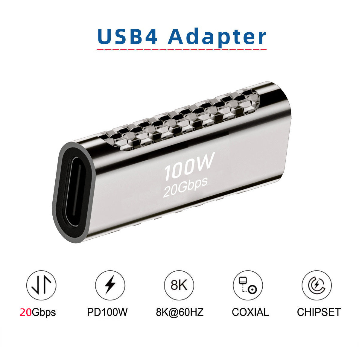 Type-C Female to Female Zinc Alloy Straight Adapter 100W High Power Charging 20Gbps Converter