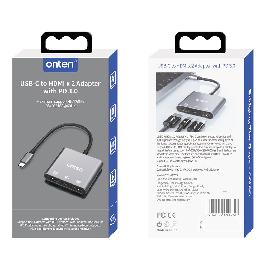 Uniqkart 9175S USB Type-C to HDMIx2 with PD 3.0 Port Adapter 4K 60Hz Mini Converter
