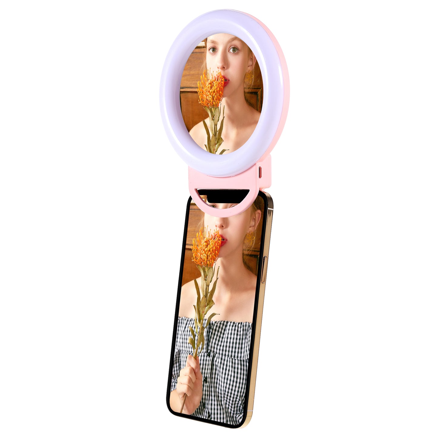 AL-20 Clip-on RGB LED Fill Ring Light with Mirror for Selfie Makeup Live Broadcast - Pink