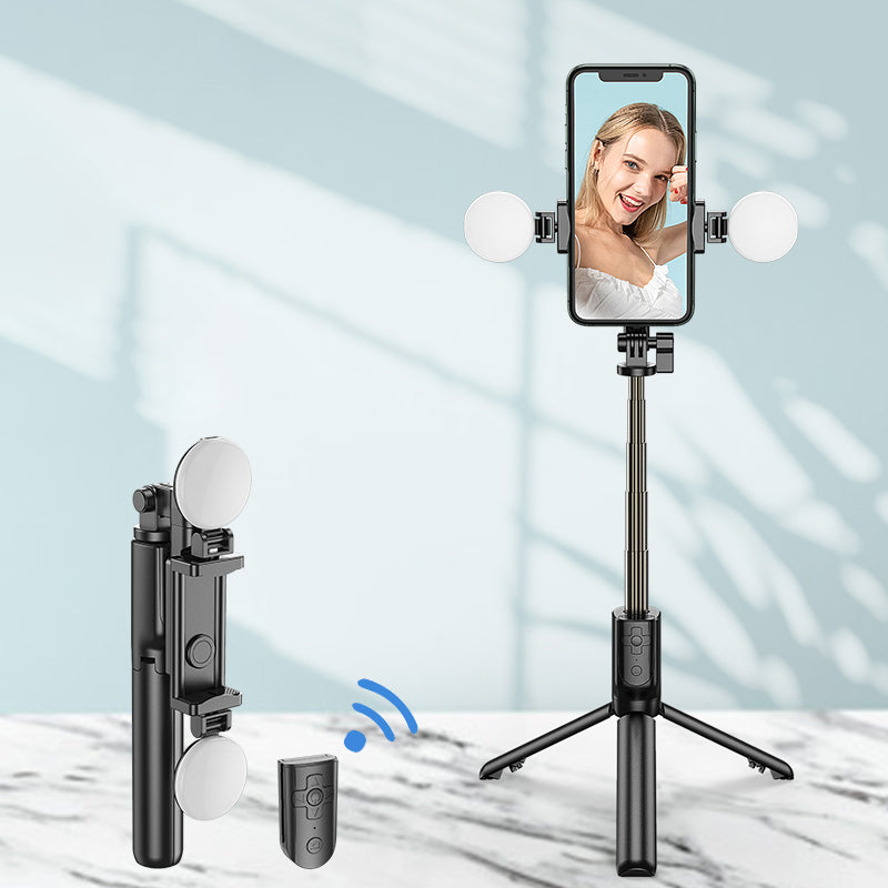 R8XPro Retractable Rod Dual--light Tripod Fill Light Selfie Stick with Bluetooth Remote Control[TikTok Version] - Black