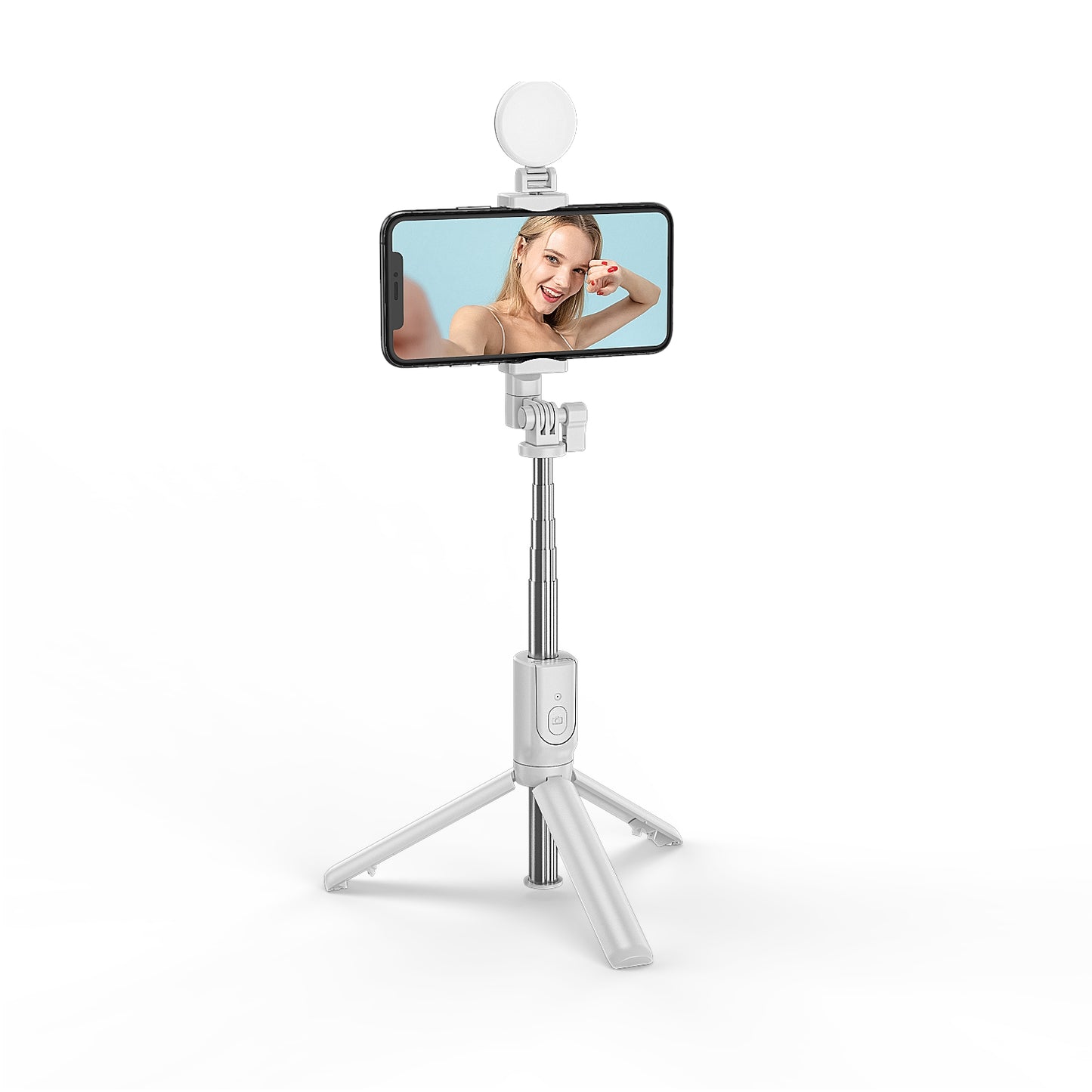 R8X Retractable Rod Dual-light Tripod Fill Light Selfie Stick with Bluetooth Remote Control[Single Button] - White