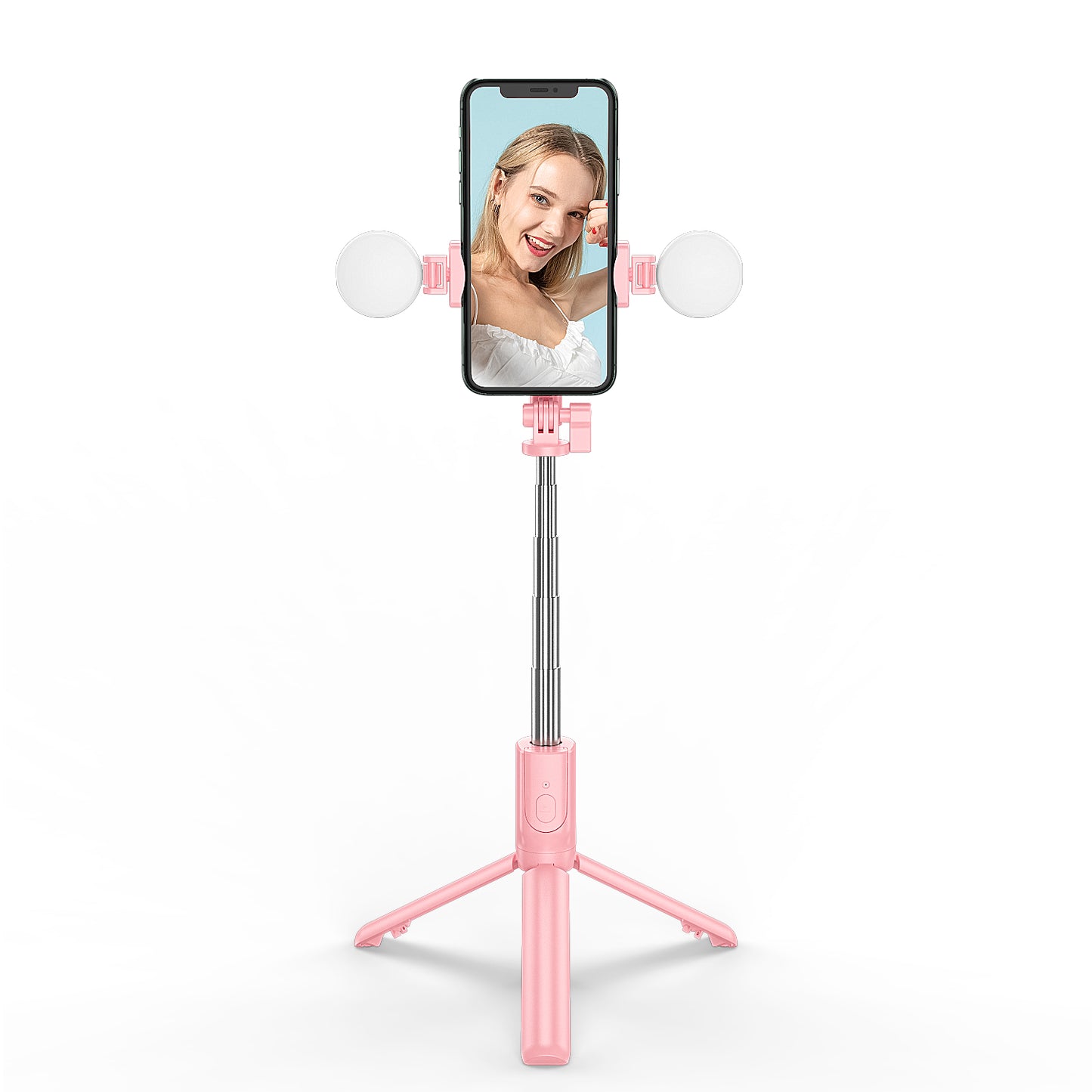 R8X Retractable Rod Dual-light Tripod Fill Light Selfie Stick with Bluetooth Remote Control[Single Button] - Pink