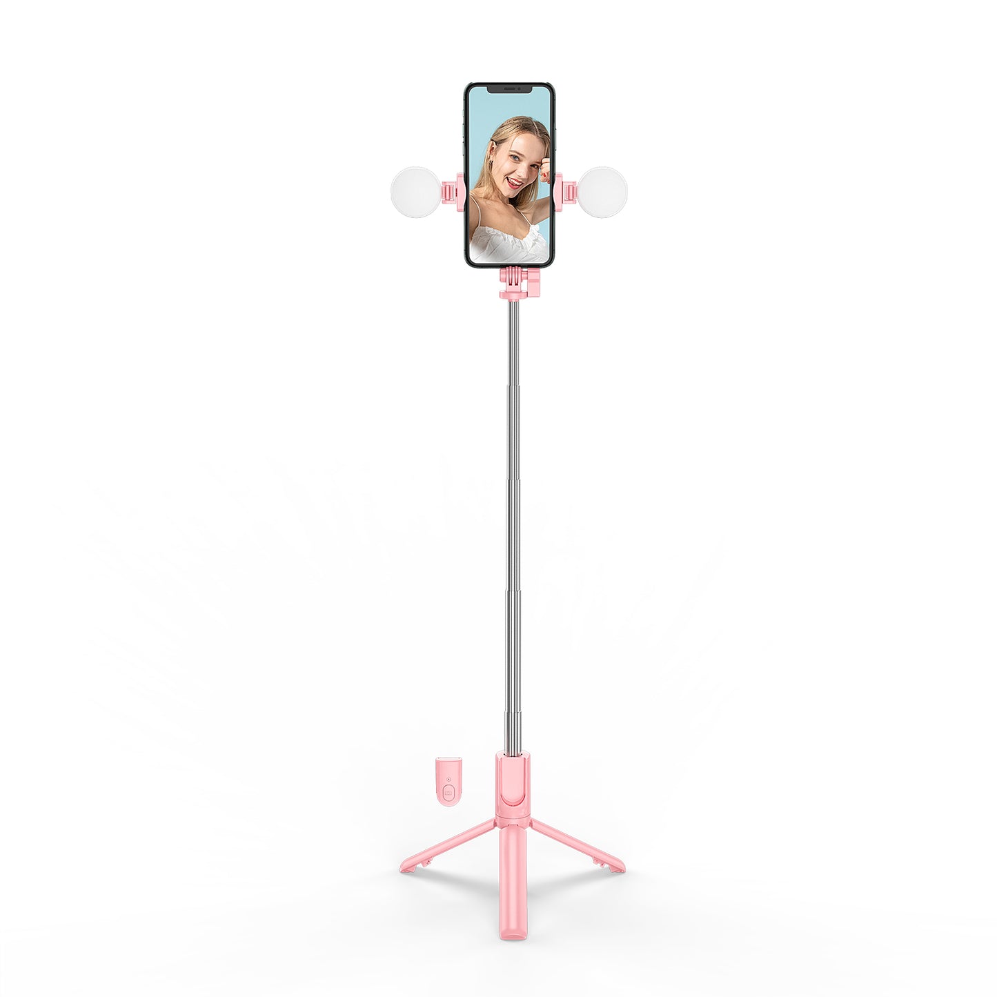 R8X Retractable Rod Dual-light Tripod Fill Light Selfie Stick with Bluetooth Remote Control[Single Button] - Pink