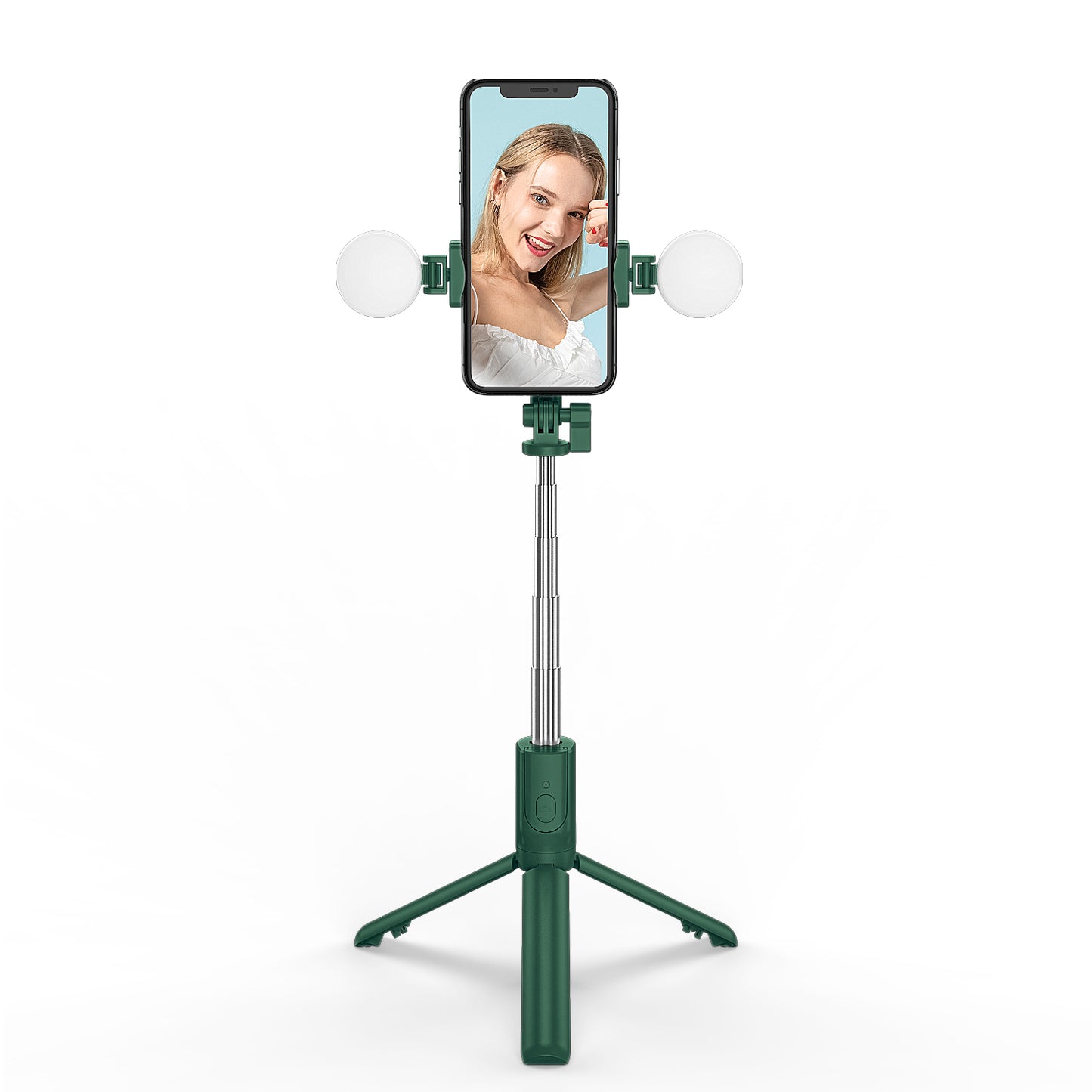 R8X Retractable Rod Dual-light Tripod Fill Light Selfie Stick with Bluetooth Remote Control[Single Button] - Dark Green