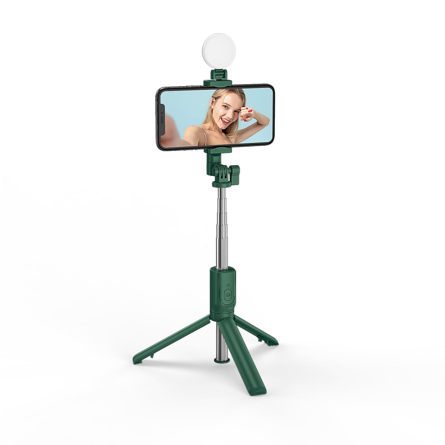 R8X Retractable Rod Dual-light Tripod Fill Light Selfie Stick with Bluetooth Remote Control[Single Button] - Dark Green