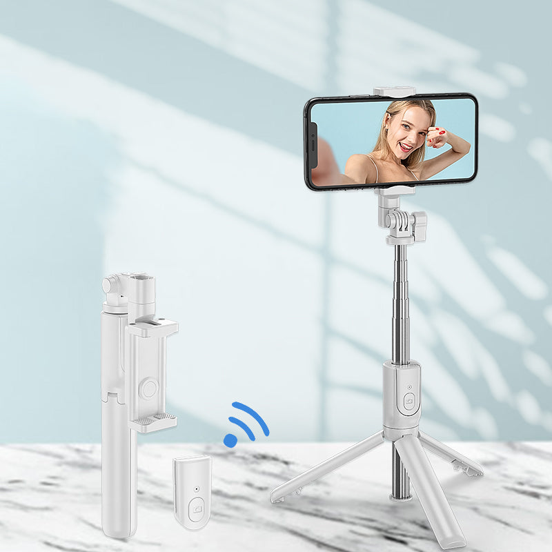 R8 Retractable Rod Bluetooth Remote Control Tripod Selfie Stick - Whit ...