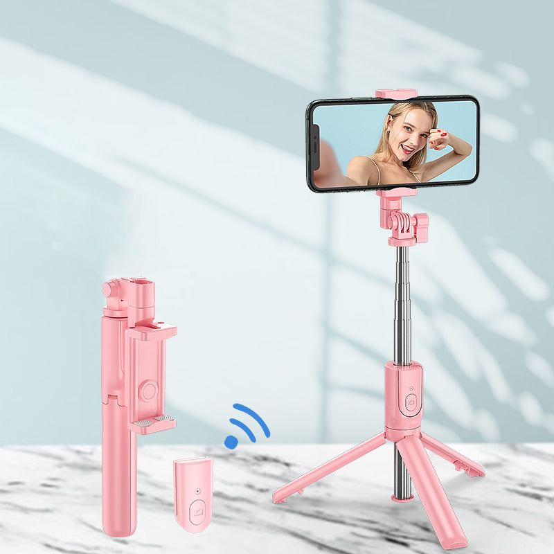 R8 Retractable Rod Bluetooth Remote Control Tripod Selfie Stick - Pink