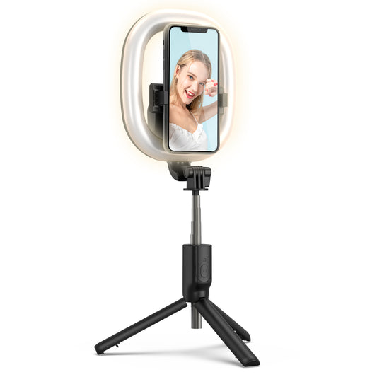 R10 Bluetooth Selfie Stick with Light Portable Adjustable Phone Tripod Stand for Live Streaming - Black