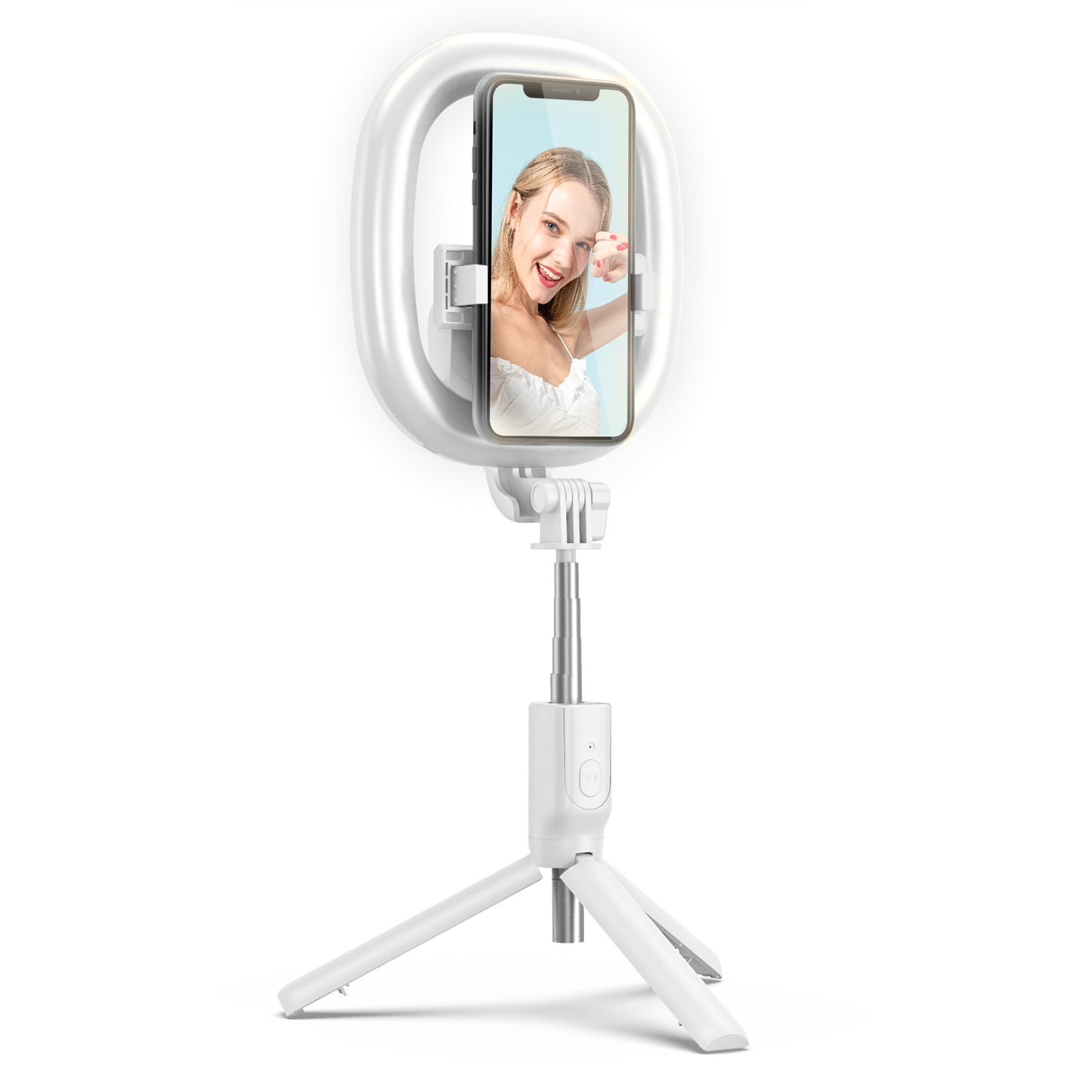 R10 Bluetooth Selfie Stick with Light Portable Adjustable Phone Tripod Stand for Live Streaming - White