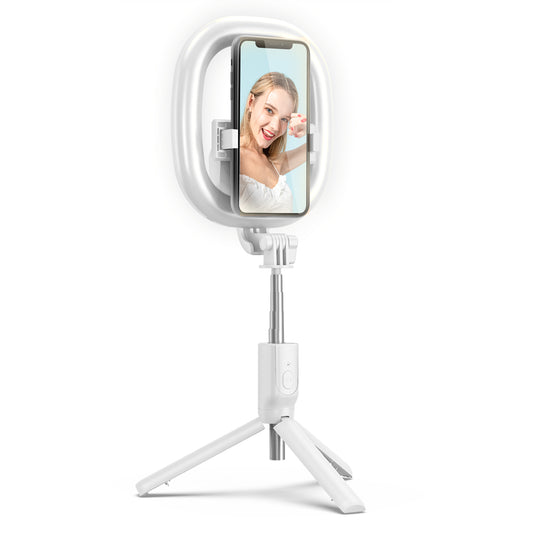 R10 Bluetooth Selfie Stick with Light Portable Adjustable Phone Tripod Stand for Live Streaming - White