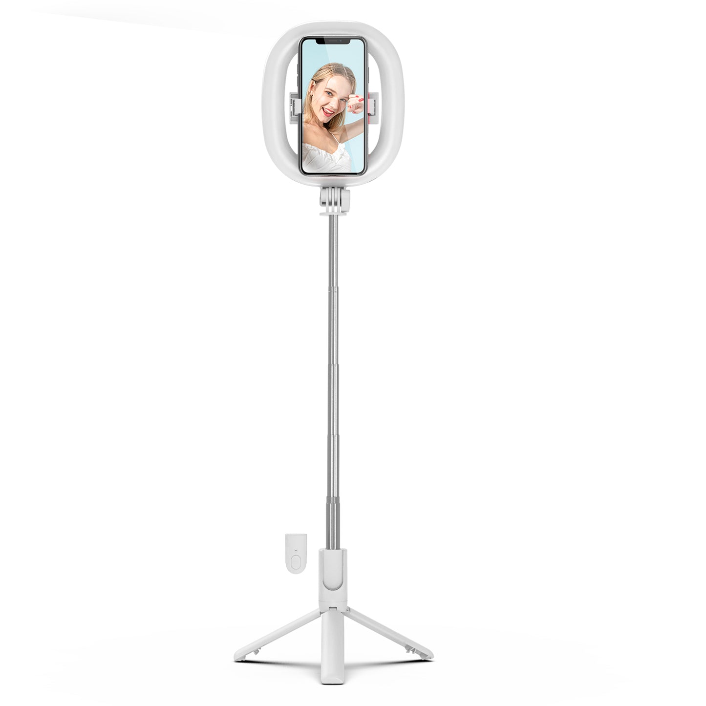R10 Bluetooth Selfie Stick with Light Portable Adjustable Phone Tripod Stand for Live Streaming - White