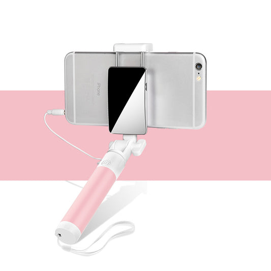 P1 Mini Wired Control Handheld Extendable Smartphone Selfie Stick with Mirror - Pink