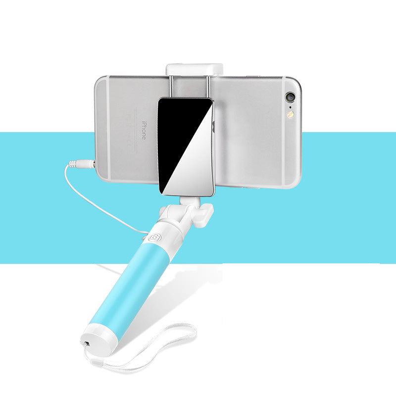P1 Mini Wired Control Handheld Extendable Smartphone Selfie Stick with Mirror - Blue