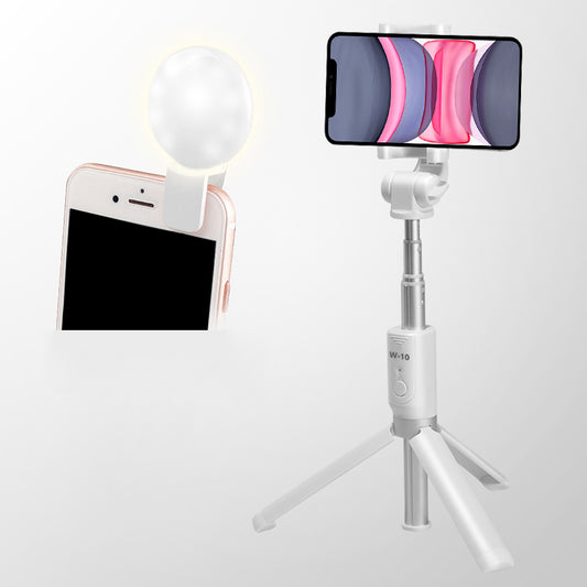 W-10 Bluetooth Multifunctional Selfie Stick Live Streaming Hidden Telescopic Tripod with Fill Light - White