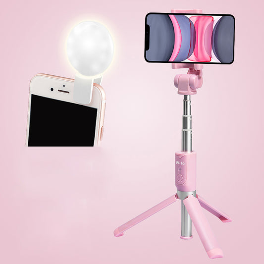 W-10 Bluetooth Multifunctional Selfie Stick Live Streaming Hidden Telescopic Tripod with Fill Light - Pink