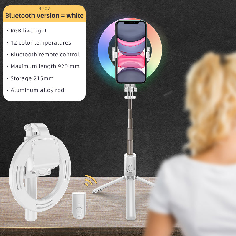 RG07 Wireless Bluetooth Selfie Stick Foldable Handheld Remote Shutter Tripod with RGB LED Ring Fill Light - White