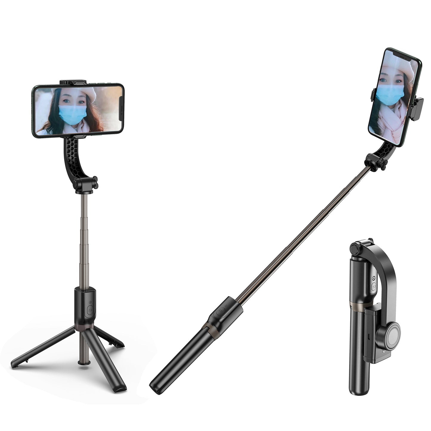 R15 Folding Anti-shake Mobile Phone Selfie Stick Stabilizer Adjustable Tripod Stand for iOS Android - Black