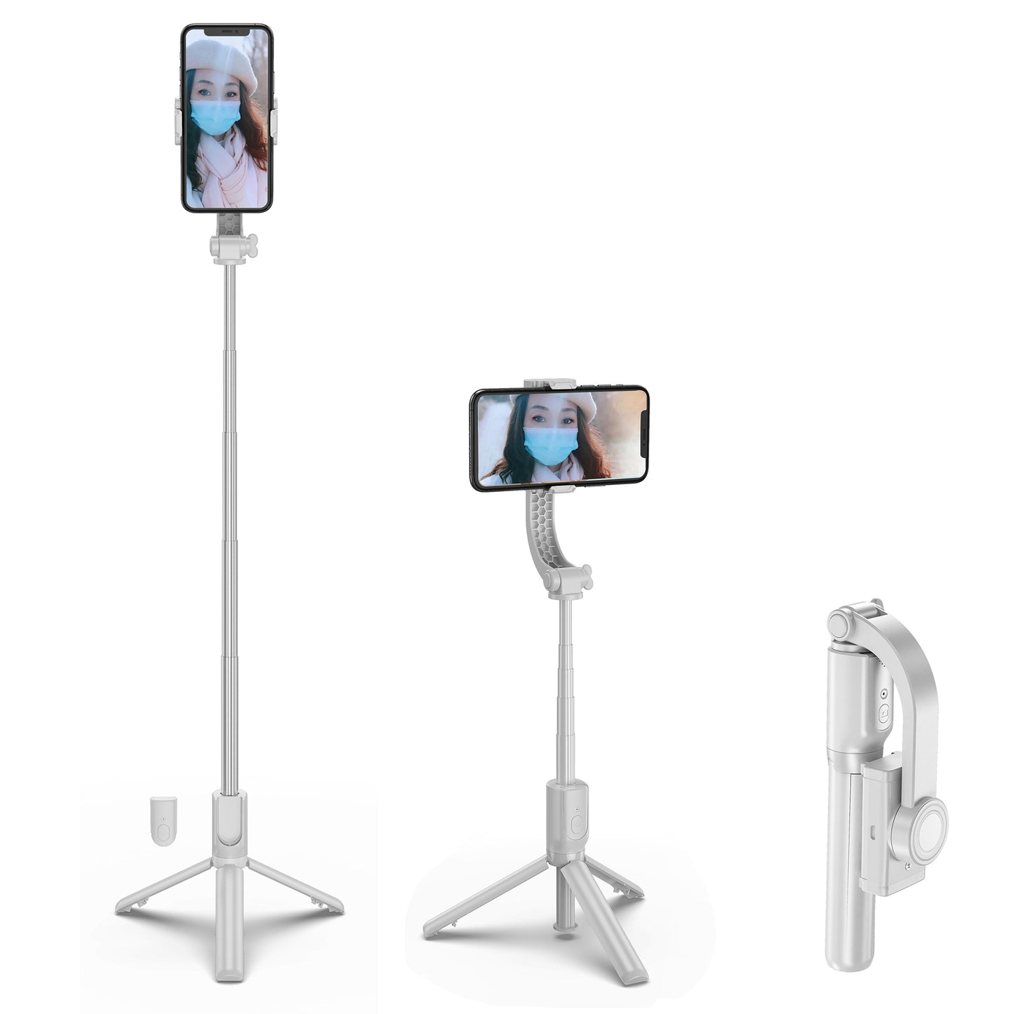 R15 Folding Anti-shake Mobile Phone Selfie Stick Stabilizer Adjustable Tripod Stand for iOS Android - White
