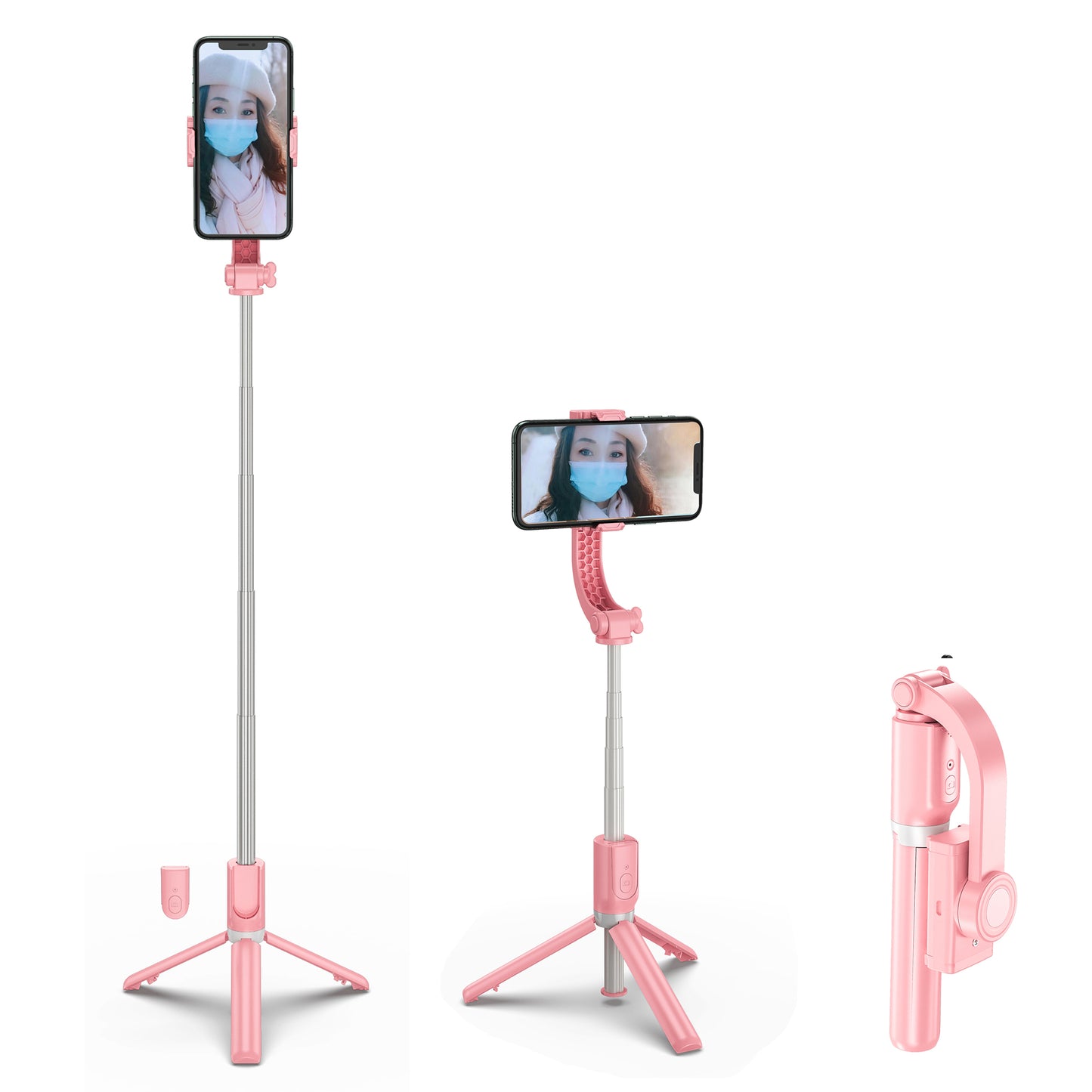 R15 Folding Anti-shake Mobile Phone Selfie Stick Stabilizer Adjustable Tripod Stand for iOS Android - Pink