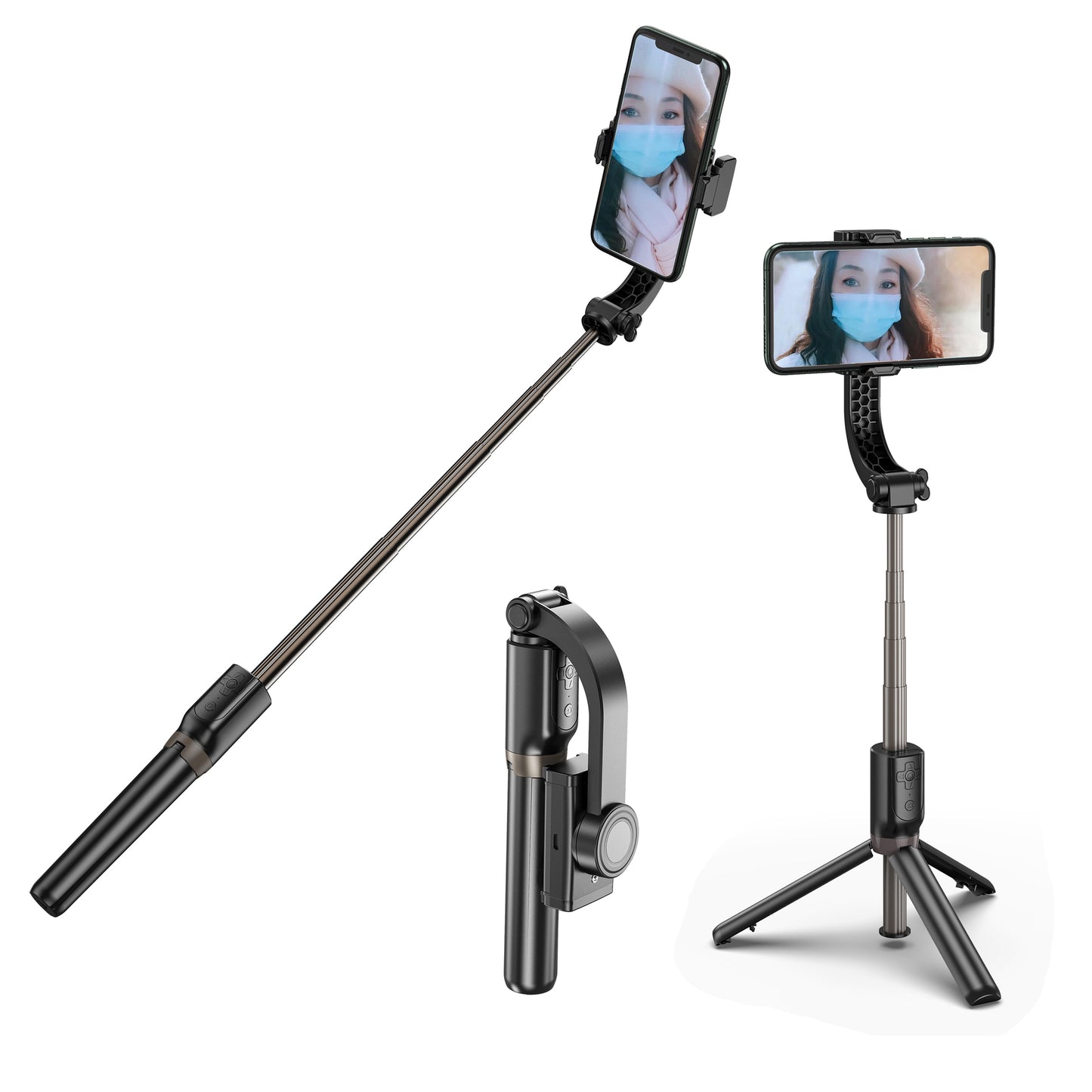 R15 PRO Telescopic Tripod Stand Folding Anti-shake Mobile Phone Selfie Stick Stabilizer for iOS Android - Black