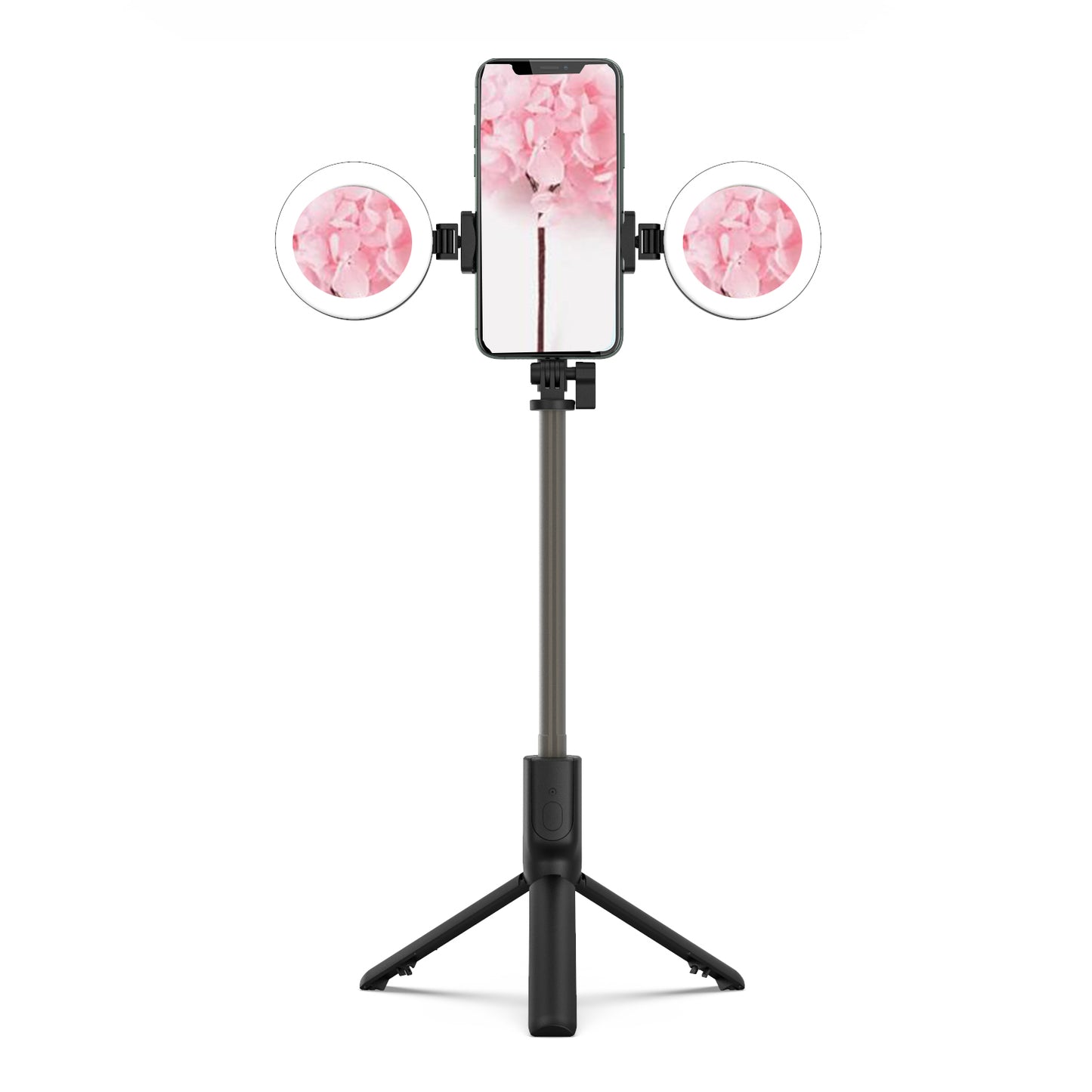 R12 Extendable Bluetooth Selfie Stick Tripod Stand with Double Ring Light Makeup Mirror - Black