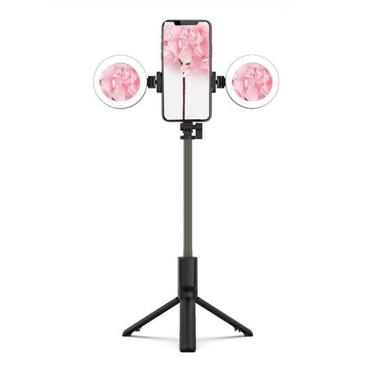 R12 Extendable Bluetooth Selfie Stick Tripod Stand with Double Ring Light Makeup Mirror - Black