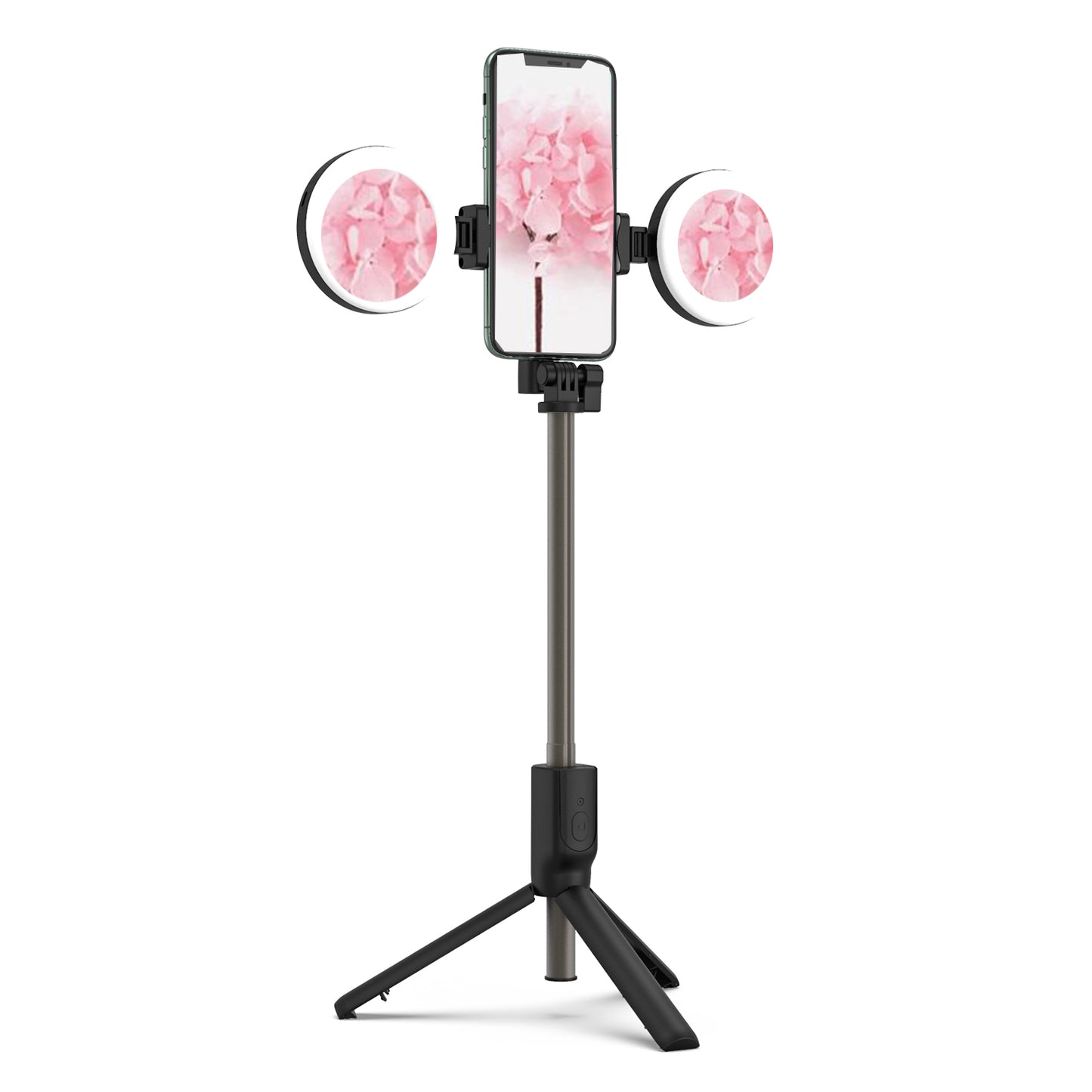 R12 Extendable Bluetooth Selfie Stick Tripod Stand with Double Ring Light Makeup Mirror - Black