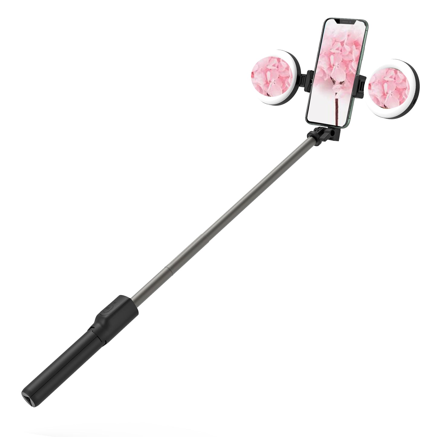 R12 Extendable Bluetooth Selfie Stick Tripod Stand with Double Ring Light Makeup Mirror - Black