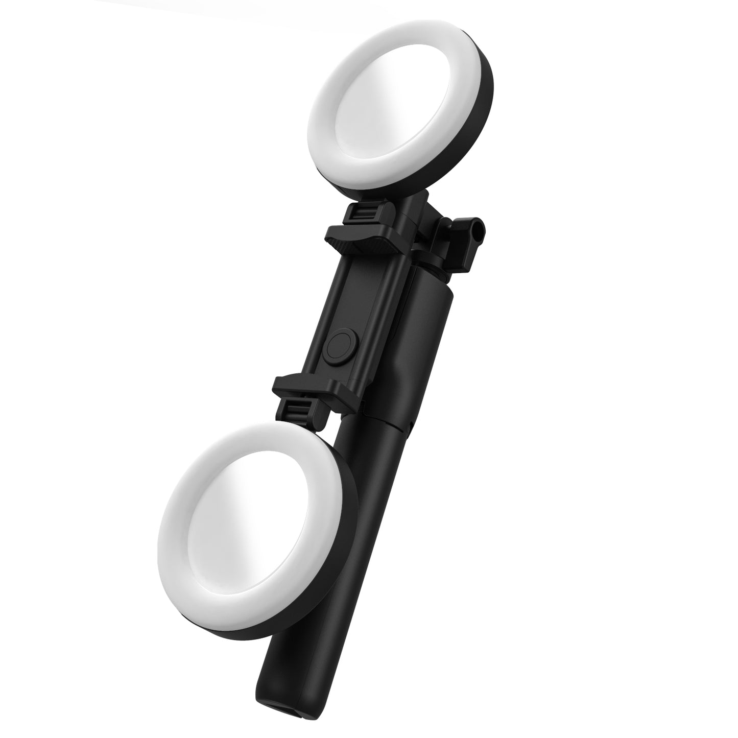 R12 Extendable Bluetooth Selfie Stick Tripod Stand with Double Ring Light Makeup Mirror - Black