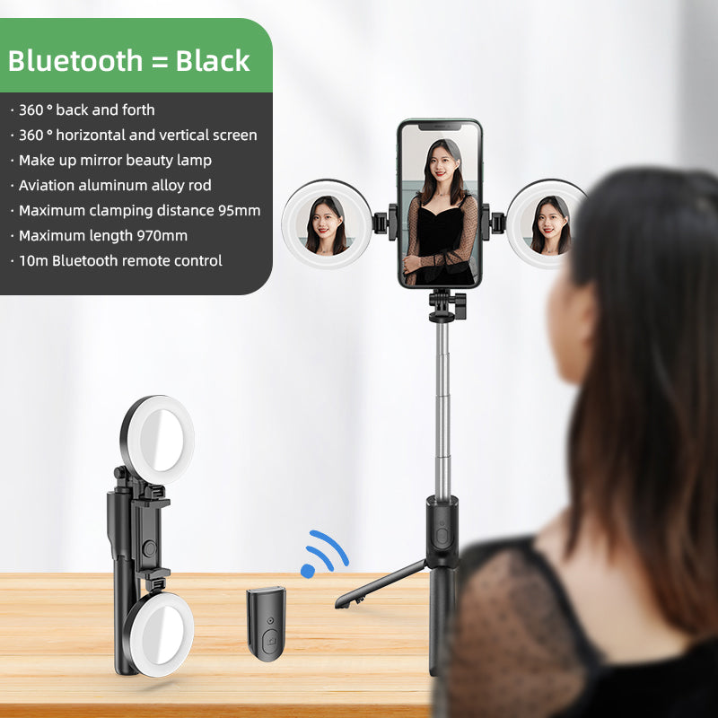 R12 Extendable Bluetooth Selfie Stick Tripod Stand with Double Ring Light Makeup Mirror - Black