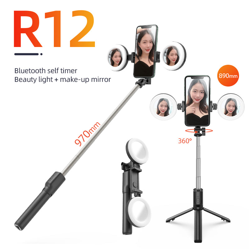 R12 Extendable Bluetooth Selfie Stick Tripod Stand with Double Ring Light Makeup Mirror - Black
