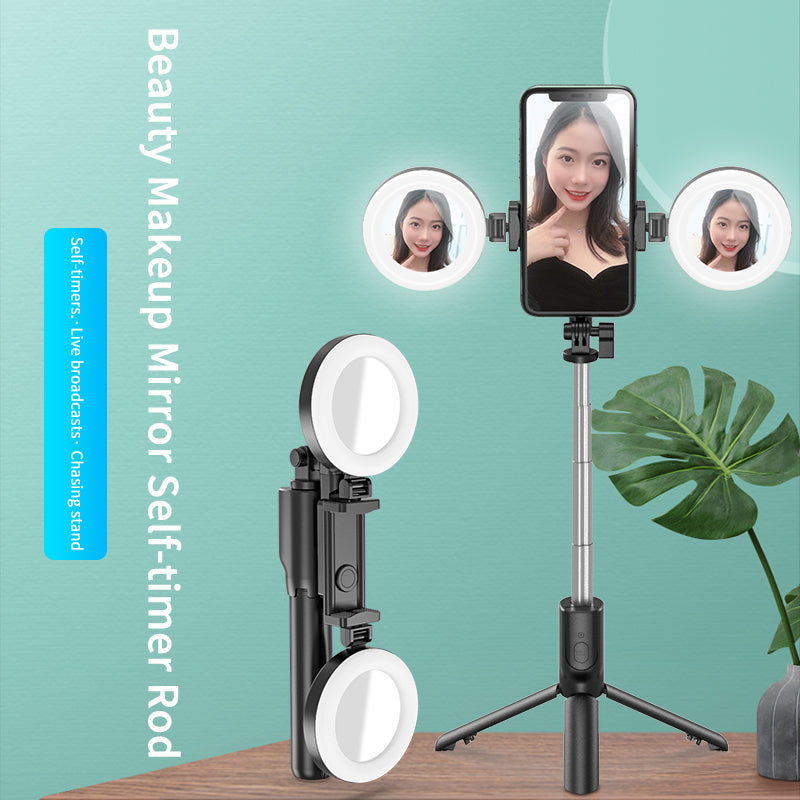 R12 Extendable Bluetooth Selfie Stick Tripod Stand with Double Ring Light Makeup Mirror - Black