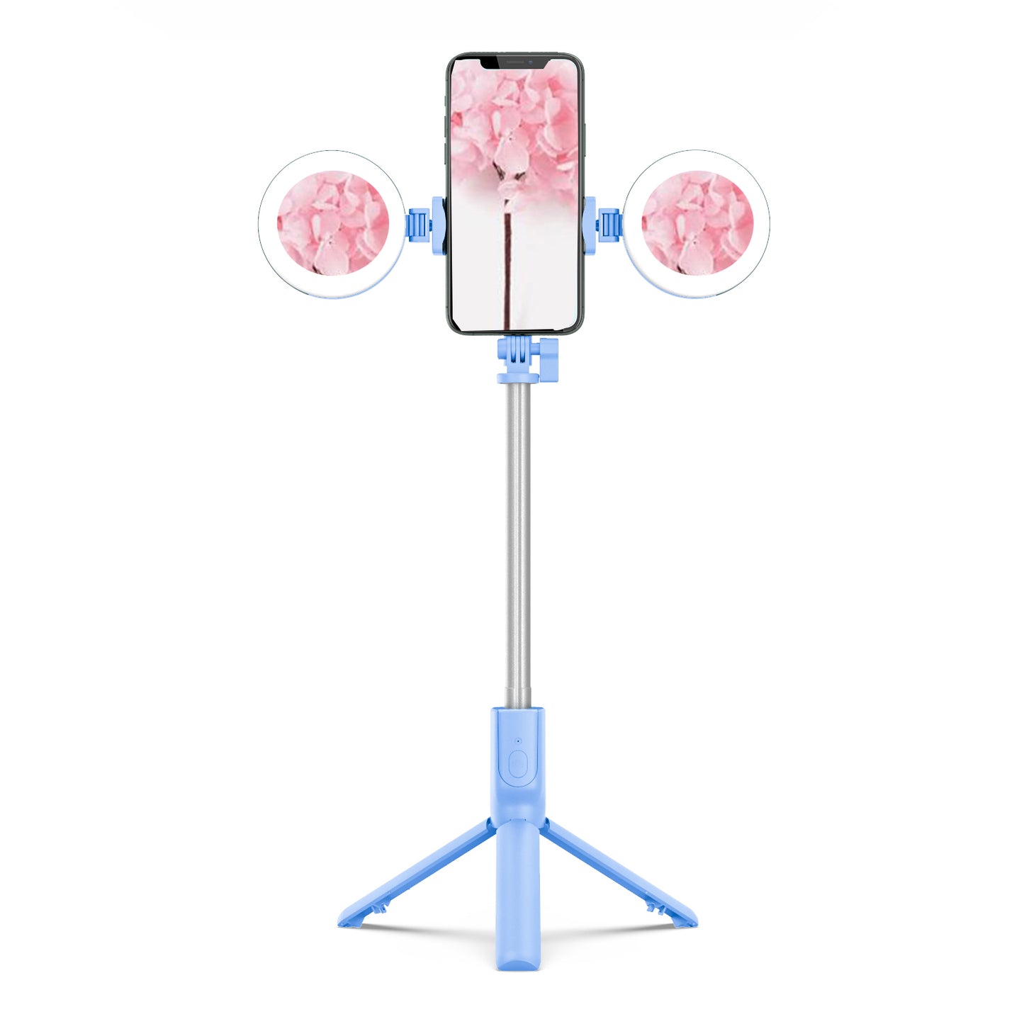 R12 Extendable Bluetooth Selfie Stick Tripod Stand with Double Ring Light Makeup Mirror - Blue