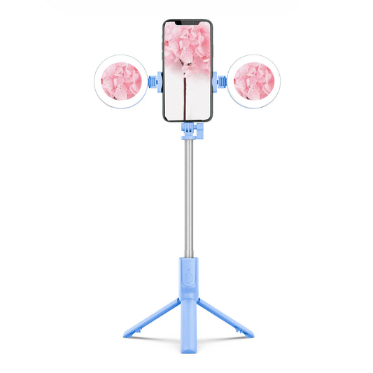 R12 Extendable Bluetooth Selfie Stick Tripod Stand with Double Ring Light Makeup Mirror - Blue