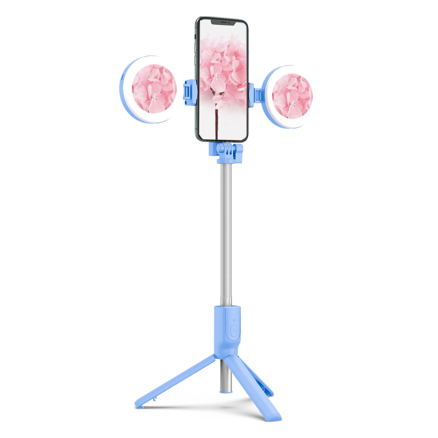 R12 Extendable Bluetooth Selfie Stick Tripod Stand with Double Ring Light Makeup Mirror - Blue