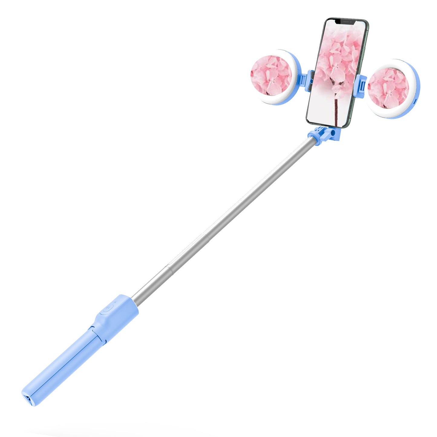 R12 Extendable Bluetooth Selfie Stick Tripod Stand with Double Ring Light Makeup Mirror - Blue