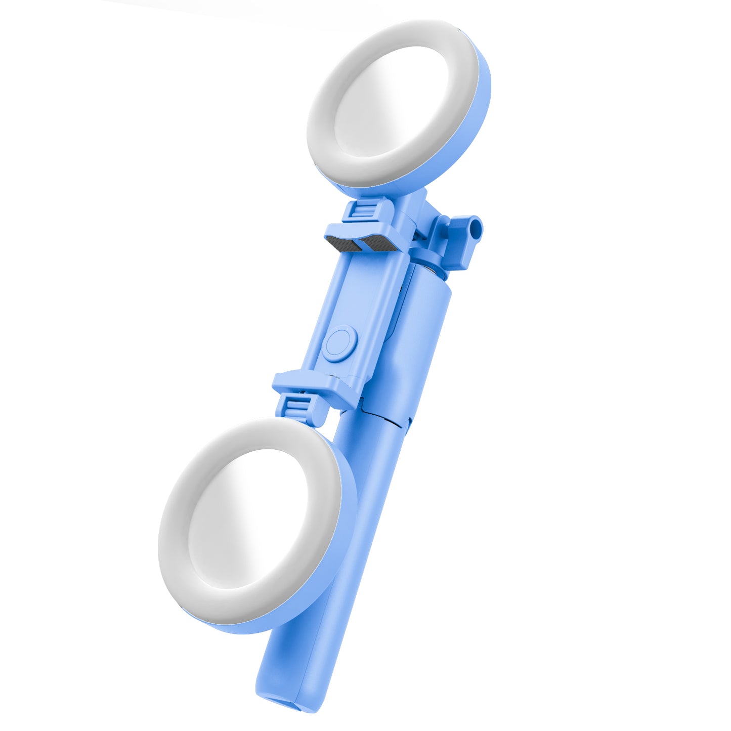 R12 Extendable Bluetooth Selfie Stick Tripod Stand with Double Ring Light Makeup Mirror - Blue