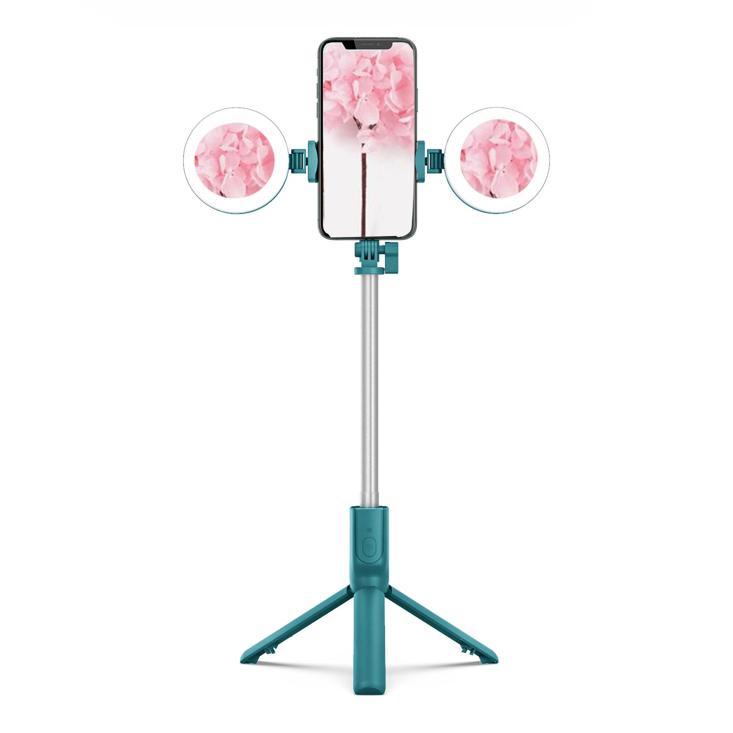R12 Extendable Bluetooth Selfie Stick Tripod Stand with Double Ring Light Makeup Mirror - Green