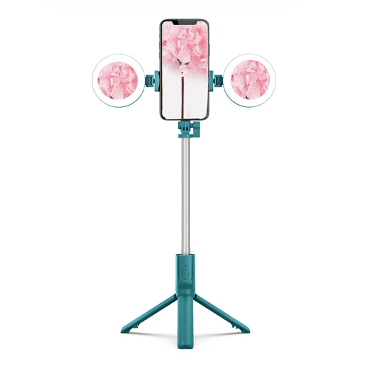 R12 Extendable Bluetooth Selfie Stick Tripod Stand with Double Ring Light Makeup Mirror - Green