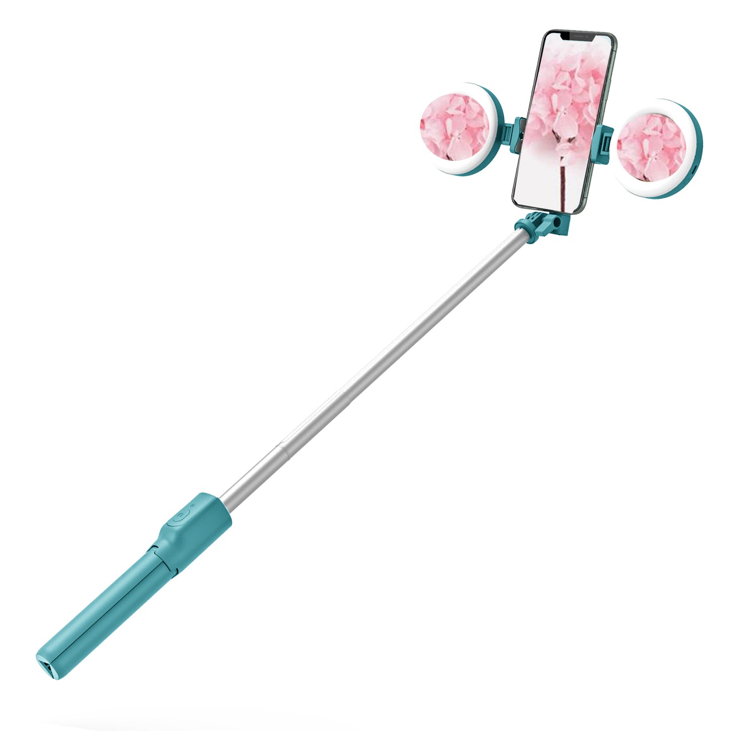 R12 Extendable Bluetooth Selfie Stick Tripod Stand with Double Ring Light Makeup Mirror - Green